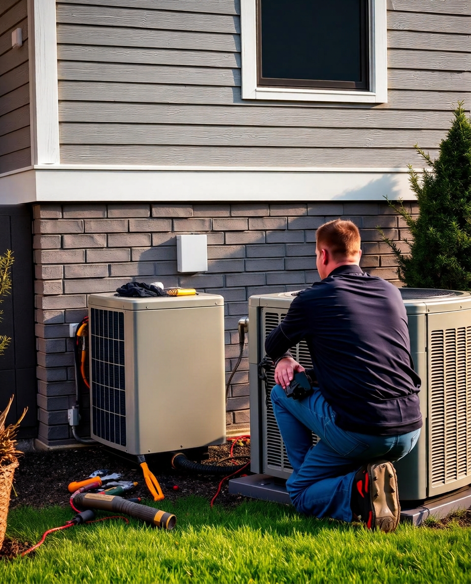 CD HVAC technician working on an outdoor condenser unit