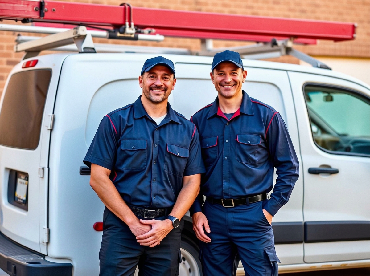 Two CD HVAC technicians beside their service van