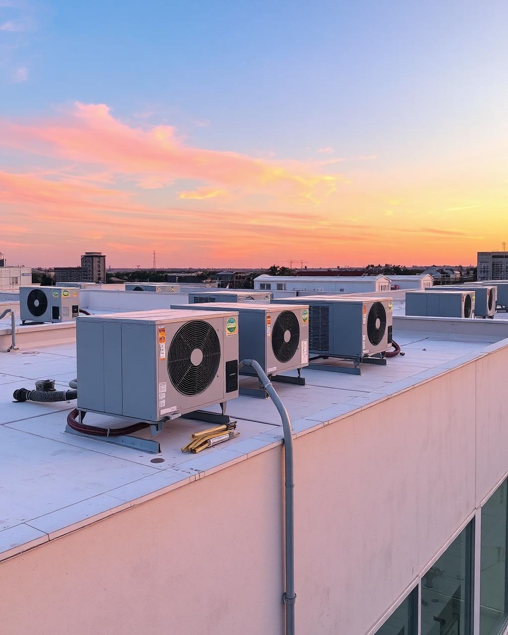 Rooftop air conditioning units at sunset